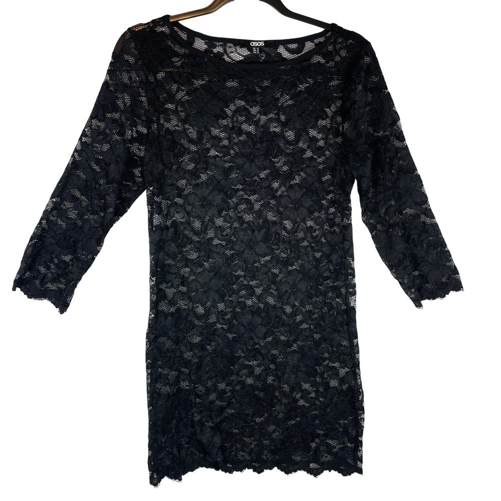 ASOS Women Black Floral Lace Sheer 3/4 Sleeve Mini Dress Top Size US 10